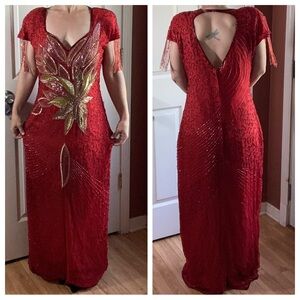 Vintage Fully Beaded Epaulet Open Back Gown Formal Dress XL Red IMPERFECTIONS